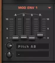 MOD ENV 1 指派为 Pitch AB,Decay 极短